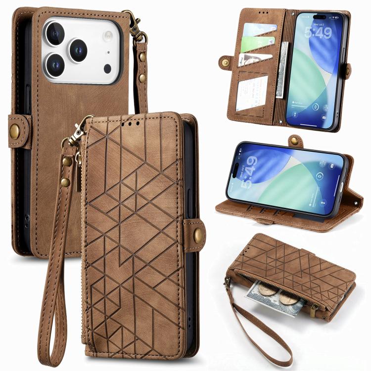 Estuche de teléfono de cuero con hebilla lateral de billetera con cremallera geométrica, For iPhone 18 Pro / 17 Pro, For iPhone 18 Pro Max / 17 Pro Max, For iPhone 17e / 16e, For iPhone 17, For iPhone Air, For iPhone 16 Pro Max, For iPhone 16 Pro      ...