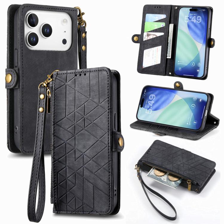 Estuche de teléfono de cuero con hebilla lateral de billetera con cremallera geométrica, For iPhone 18 Pro / 17 Pro, For iPhone 18 Pro Max / 17 Pro Max, For iPhone 17e / 16e, For iPhone 17, For iPhone Air, For iPhone 16 Pro Max, For iPhone 16 Pro      ...