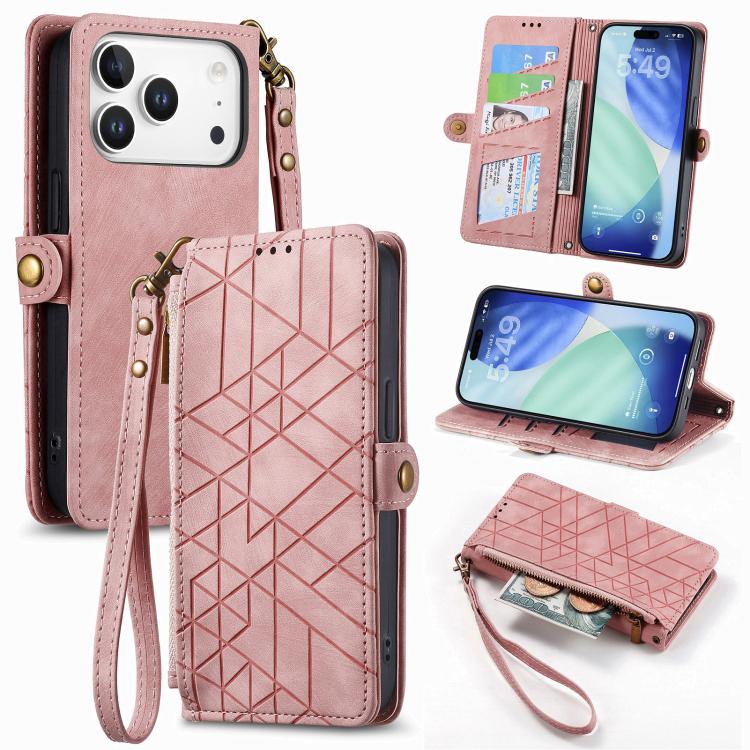 Estuche de teléfono de cuero con hebilla lateral de billetera con cremallera geométrica, For iPhone 18 Pro / 17 Pro, For iPhone 18 Pro Max / 17 Pro Max, For iPhone 17e / 16e, For iPhone 17, For iPhone Air, For iPhone 16 Pro Max, For iPhone 16 Pro      ...