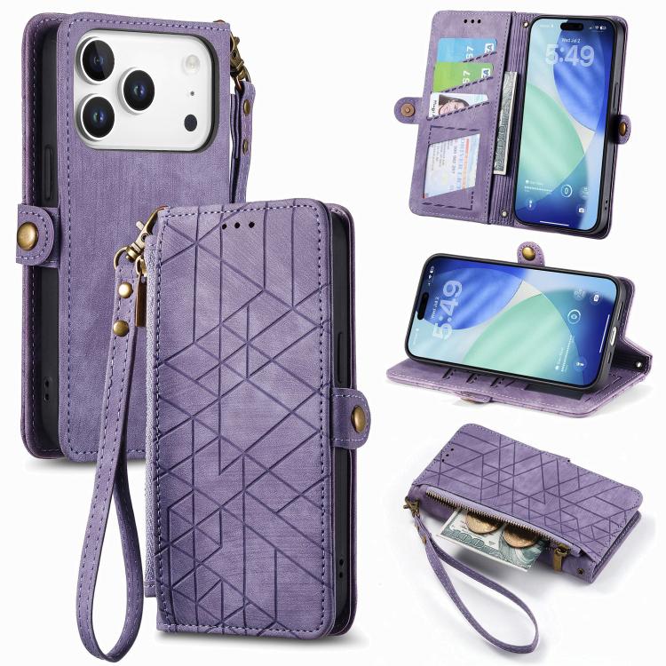 Estuche de teléfono de cuero con hebilla lateral de billetera con cremallera geométrica, For iPhone 18 Pro / 17 Pro, For iPhone 18 Pro Max / 17 Pro Max, For iPhone 17e / 16e, For iPhone 17, For iPhone Air, For iPhone 16 Pro Max, For iPhone 16 Pro      ...