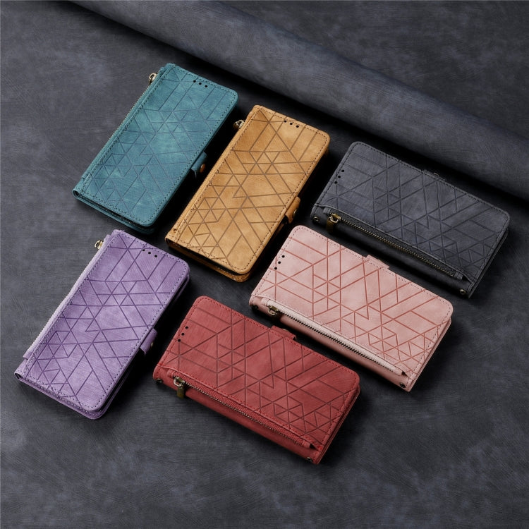 Estuche de teléfono de cuero con hebilla lateral de billetera con cremallera geométrica, For iPhone 16, For iPhone 15 Pro Max, For iPhone 15 Pro, For iPhone 15 Plus, For iPhone 15, For iPhone 14 Plus, For iPhone 14, For iPhone 14 Pro
