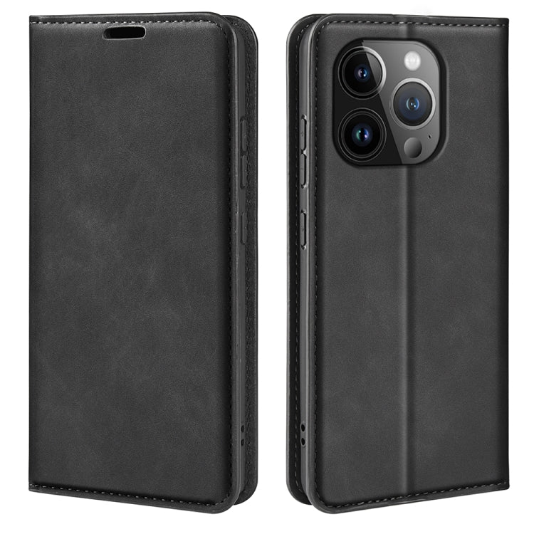 Estuche para teléfono de cuero con succión magnética de piel retro, For iPhone 15 Pro Max, For iPhone 15 Pro, For iPhone 15 Plus, For iPhone 15