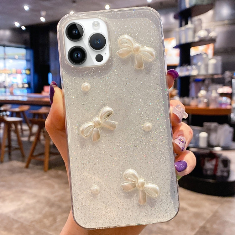 Estuche para teléfono de TPU con epoxi y purpurina Pearl Bow, For iPhone 16 Pro Max, For iPhone 16 Pro, For iPhone 16 Plus, For iPhone 16, For iPhone 15 Pro Max, For iPhone 15 Pro, For iPhone 15 Plus, For iPhone 15