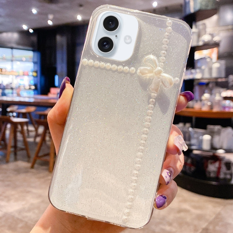 Estuche para teléfono de TPU con epoxi y purpurina Pearl Bow, For iPhone 16 Pro Max, For iPhone 16 Pro, For iPhone 16 Plus, For iPhone 16, For iPhone 15 Pro Max, For iPhone 15 Pro, For iPhone 15 Plus, For iPhone 15