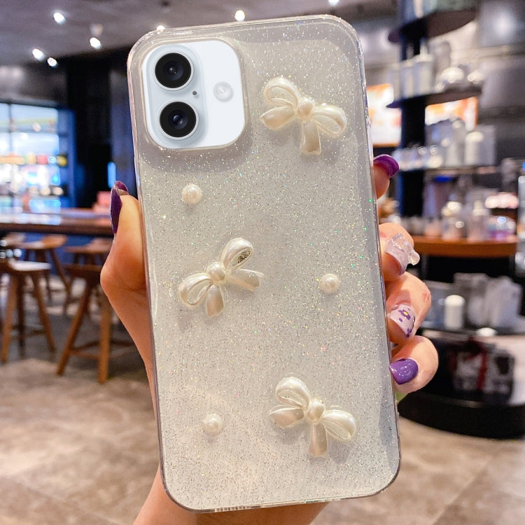 Estuche para teléfono de TPU con epoxi y purpurina Pearl Bow, For iPhone 16 Pro Max, For iPhone 16 Pro, For iPhone 16 Plus, For iPhone 16, For iPhone 15 Pro Max, For iPhone 15 Pro, For iPhone 15 Plus, For iPhone 15