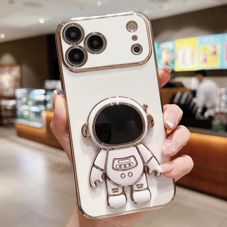 Caja del teléfono del soporte del astronauta de galvanoplastia, For iPhone 17e / 16e, For iPhone 17 Pro Max, For iPhone 17 Pro, For iPhone 17, For iPhone Air, For iPhone 16 Pro Max, For iPhone 16 Pro, For iPhone 16 Plus