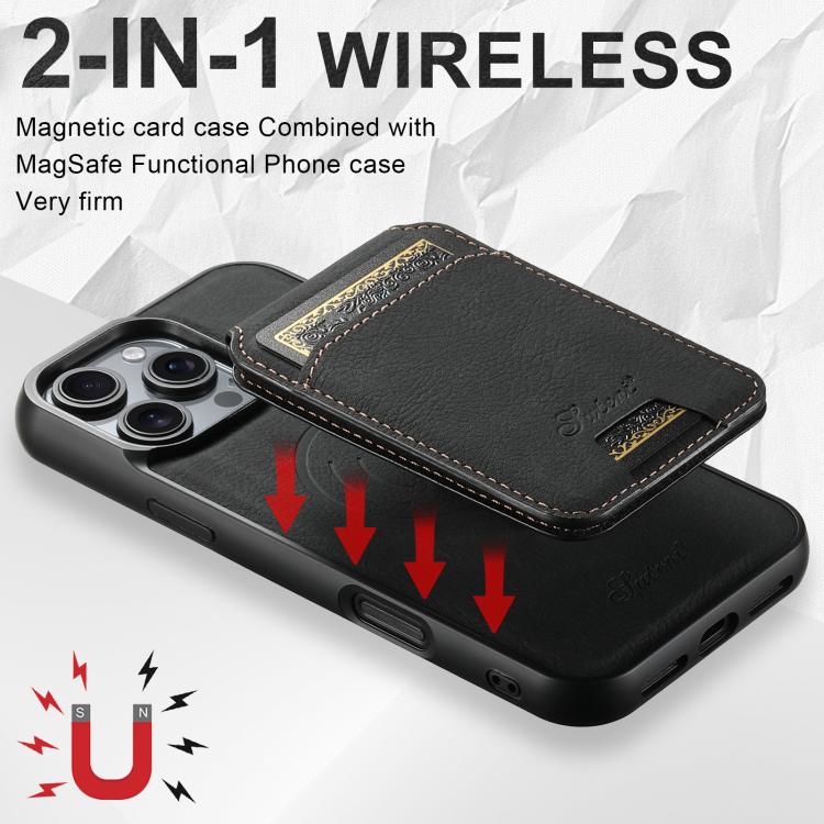 Suteni H16 Funda para teléfono con parte trasera tipo billetera desmontable de cuero con textura de litchi, For iPhone 17e / 16e