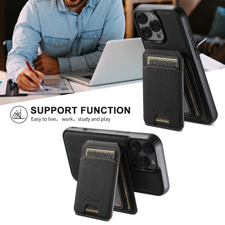 Suteni H16 Funda para teléfono con parte trasera tipo billetera desmontable de cuero con textura de litchi, For iPhone 17e / 16e