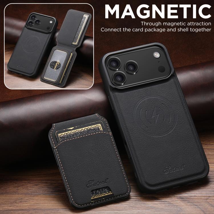 Suteni H16 Funda para teléfono con parte trasera tipo billetera desmontable de cuero con textura de litchi, For iPhone 18, For iPhone 18 Pro, For iPhone 18 Pro Max, For iPhone 17 Pro Max, For iPhone 17 Pro, For iPhone 17, For iPhone Air                ...