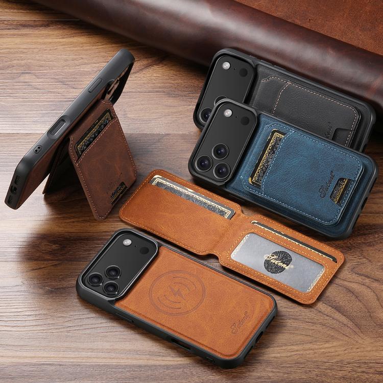 Suteni H16 Funda para teléfono con parte trasera tipo billetera desmontable de cuero con textura de litchi, For iPhone 17e / 16e