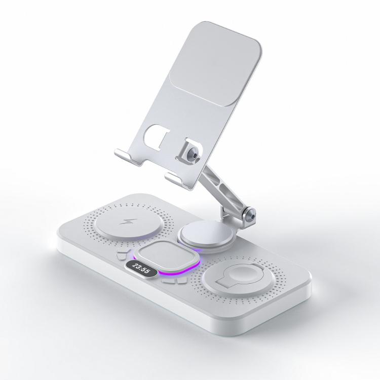 Estación de carga inalámbrica rápida 4 en 1 para teléfono/tableta/Apple Watch/AirPods. Soporte magnético plegable con pantalla de reloj y efecto de luz atractivo.