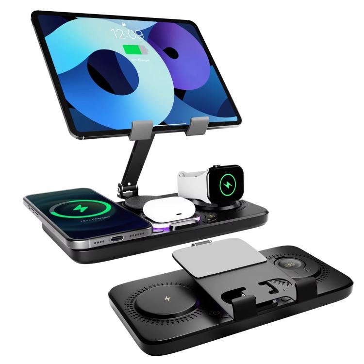 Estación de carga inalámbrica rápida 4 en 1 para teléfono/tableta/Apple Watch/AirPods. Soporte magnético plegable con pantalla de reloj y efecto de luz atractivo.