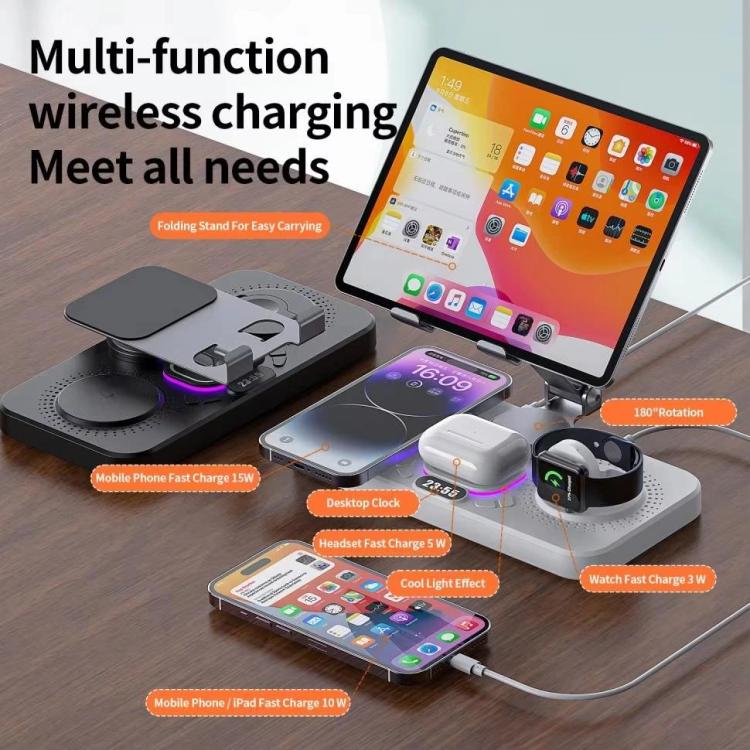 Estación de carga inalámbrica rápida 4 en 1 para teléfono/tableta/Apple Watch/AirPods. Soporte magnético plegable con pantalla de reloj y efecto de luz atractivo.