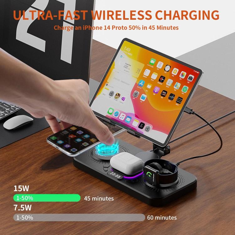 Estación de carga inalámbrica rápida 4 en 1 para teléfono/tableta/Apple Watch/AirPods. Soporte magnético plegable con pantalla de reloj y efecto de luz atractivo.