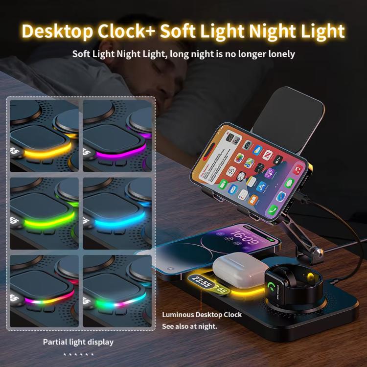 Estación de carga inalámbrica rápida 4 en 1 para teléfono/tableta/Apple Watch/AirPods. Soporte magnético plegable con pantalla de reloj y efecto de luz atractivo.