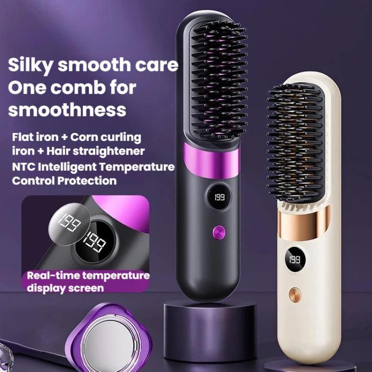 Cepillo alisador de cabello inalámbrico portátil con pantalla digital, iones negativos y peine de peinado sin cables.
