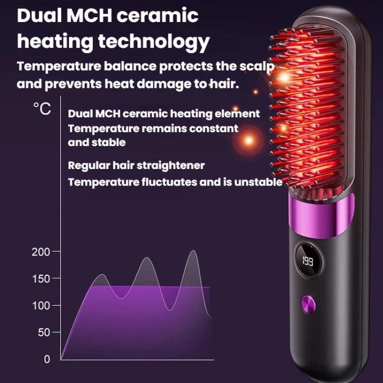 Cepillo alisador de cabello inalámbrico portátil con pantalla digital, iones negativos y peine de peinado sin cables.