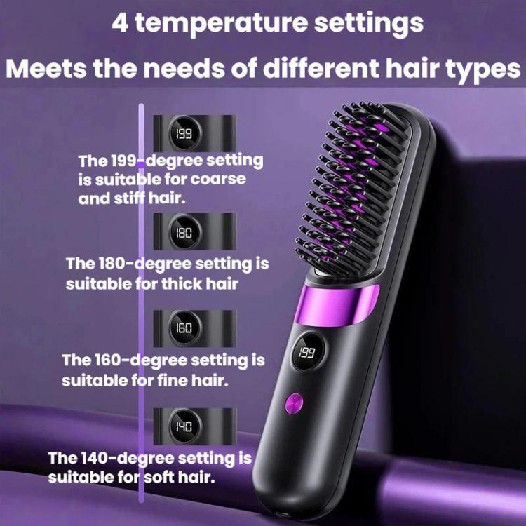 Cepillo alisador de cabello inalámbrico portátil con pantalla digital, iones negativos y peine de peinado sin cables.