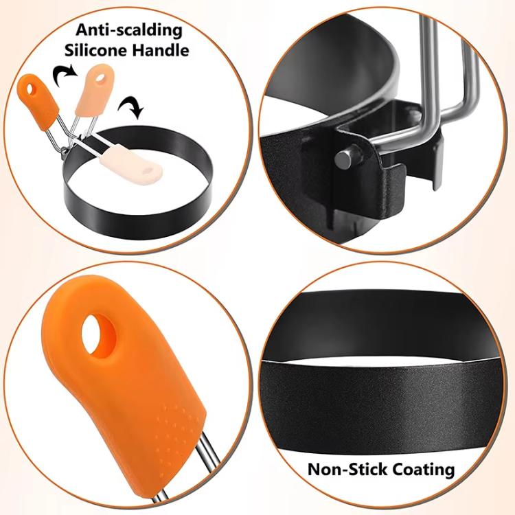 Molde redondo para huevos LsCook de 10 cm (4 pulgadas) de acero inoxidable con mango de silicona resistente al calor y superficie antiadherente gruesa.