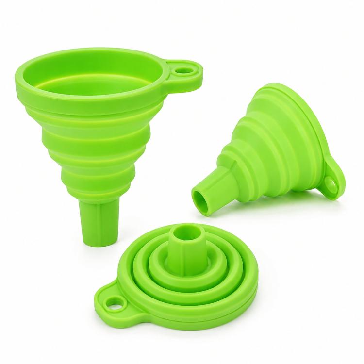 Paquete de 3 embudos plegables de silicona de grado alimenticio, portátiles y telescópicos para dispensar líquidos en la cocina y el hogar., Green
