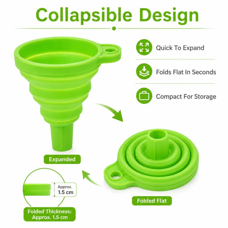 Paquete de 3 embudos plegables de silicona de grado alimenticio, portátiles y telescópicos para dispensar líquidos en la cocina y el hogar., Green