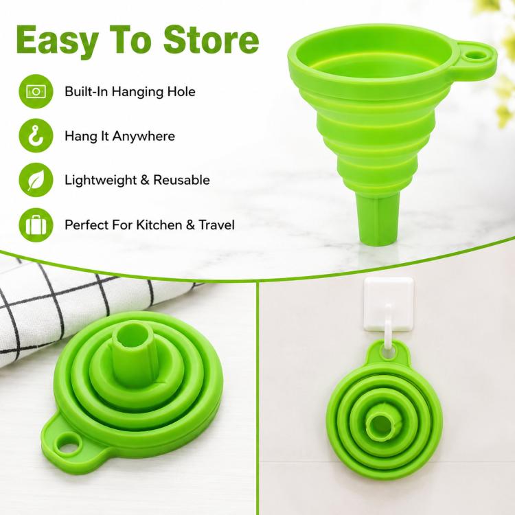 Paquete de 3 embudos plegables de silicona de grado alimenticio, portátiles y telescópicos para dispensar líquidos en la cocina y el hogar., Green