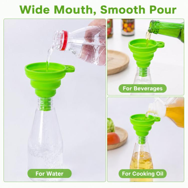 Paquete de 3 embudos plegables de silicona de grado alimenticio, portátiles y telescópicos para dispensar líquidos en la cocina y el hogar., Green