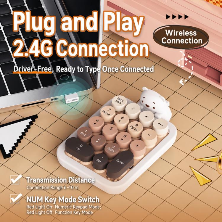 Teclado numérico inalámbrico Ajazz AF18 para portátil, 2.4G, 18 teclas y funda de silicona con un bonito oso.