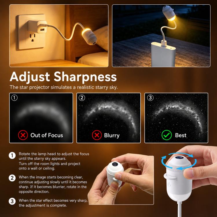 Lámpara de planetario LED con proyector de estrellas USB y luz nocturna con enfoque ajustable., With 3 Lenses, With 6 Lenses