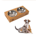 Combinación de cuencos de alimentación y bebida de acero inoxidable para perros y gatos con marco de bambú, S, L