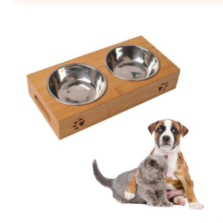 Combinación de cuencos de alimentación y bebida de acero inoxidable para perros y gatos con marco de bambú, S, L