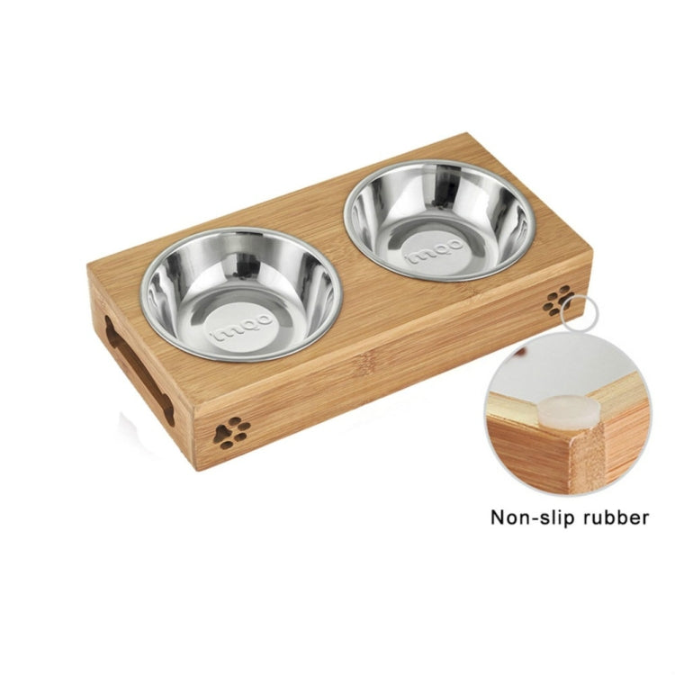 Combinación de cuencos de alimentación y bebida de acero inoxidable para perros y gatos con marco de bambú, S, L