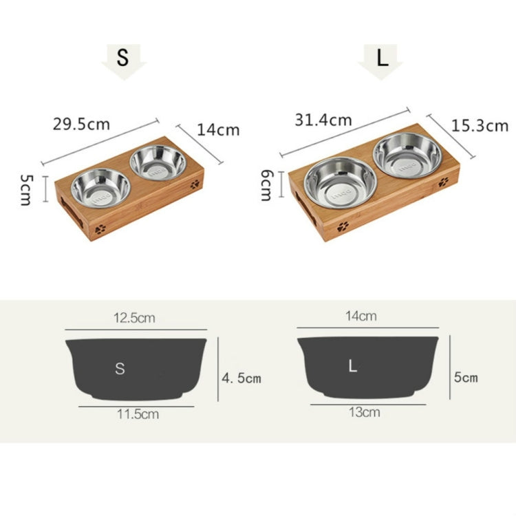 Combinación de cuencos de alimentación y bebida de acero inoxidable para perros y gatos con marco de bambú, S, L