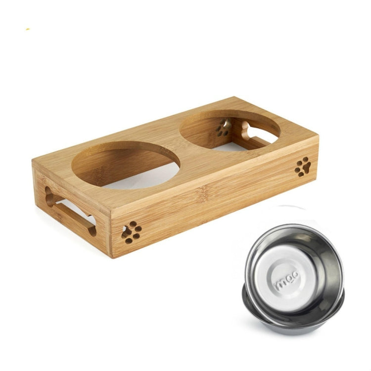 Combinación de cuencos de alimentación y bebida de acero inoxidable para perros y gatos con marco de bambú, S, L