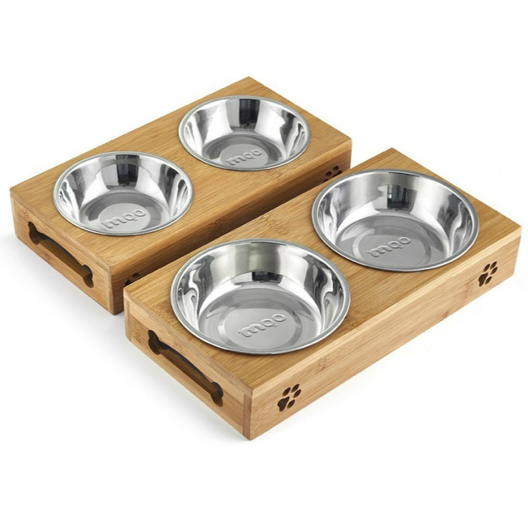 Combinación de cuencos de alimentación y bebida de acero inoxidable para perros y gatos con marco de bambú, S, L