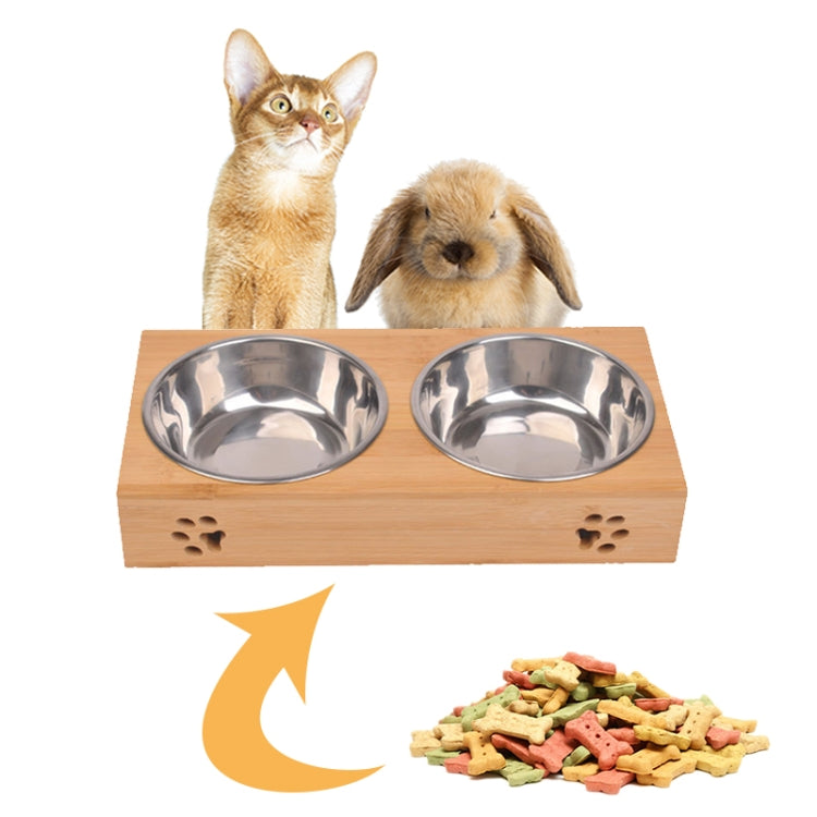 Combinación de cuencos de alimentación y bebida de acero inoxidable para perros y gatos con marco de bambú, S, L